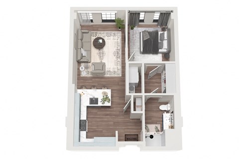 Floor plan for 1 bed, 1 bath, 677 sqft